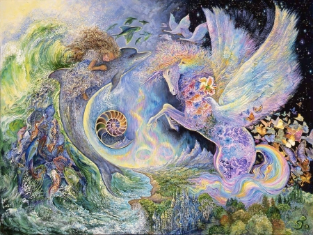 Water meet Earth and Air - horse, dolphine, pegasus, shell, girl, blue, art, wings, white, rainbow, fantasy, mermaid, luminos, josephine wall, green