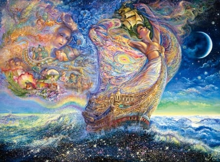 Ocean of dreams - summer, ocean of dreams, ship, girl, luna, art, fantasy, moon, orange, texture, sea, vara, josephine wall, green