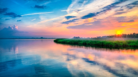 Sunset - lake, sunset, nature, sky