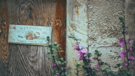 Welcome - plants, flowers, words, wood