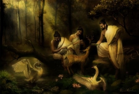 Fantasy Forest - forest, swan, fantasy, art