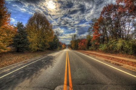 Autumn Road - clouds, trees, sun, sky