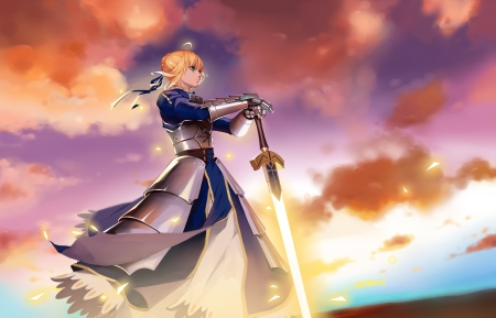 Saber - nice, saber, beauty, sky, female, knight, blond, anime girl, fantasy, armor, blond hair, pretty, cloud, blonde hair, anime, excalibur, sword, scene, girl, light, lovely, fate stay night, hd, dawn, beautiful, sweet, dress, blonde