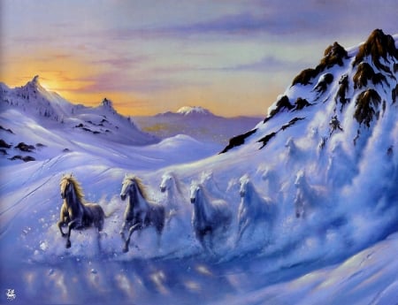 Avalanche - avalanche, jim warren, fantasy, painting, white, art, horse, snow, blue, winte, pictura