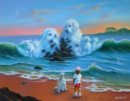 Canine companions - summer, blue, beach, sea, child, boy, jim warren, pictura, canine companions, white, painting, caine, art, wave, luminos