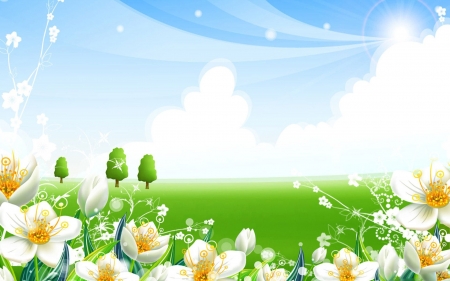 Summer - yellow, summer, blue, vector, flower, white, green, cloud, sky