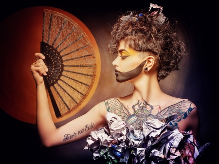 Girl - tattoo, make-up, woman, girl, fan