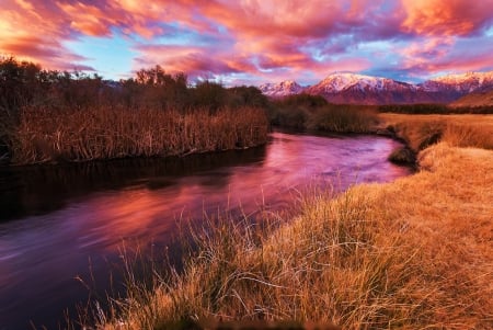 Owens River Sunrise, Eastern Sierras, California - sky, water, reflection, landscape, clouds, colors