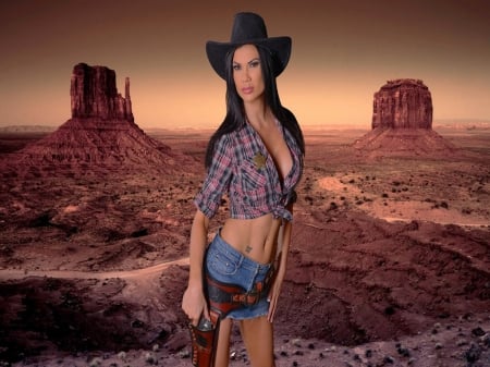 The Gunslinger.. - women, fun, holster, female, hats, fashion, models, brunettes, western, girls, cowgirl, style, outdoors, pistol, NRA