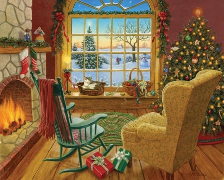 Cozy Christmas - burning, window, cat, cozy, tree, fire, christmas