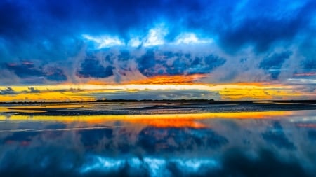 Mirror - nature, sky, lake, reflection, clouds, mirror, sunset, land