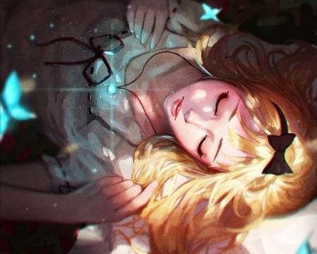 Asleep - wonderland, blue, girl, blonde, fantasy, butterfly, guweiz, bow, art, asleep, luminos