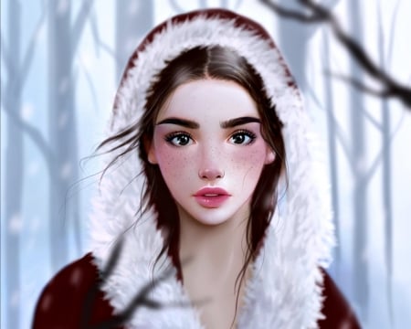 Red Riding Hood - blue, portrait, girl, forest, fur, fantasy, white, freckles, red, red riding hood, woman, face, art, luminos