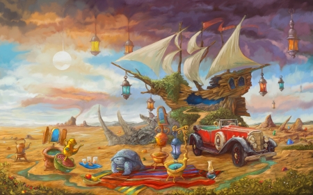 The ship - blue, sabin boykinov, ship, orange, pictura, fantasy, retro, white, car, red, painting, art, luminos