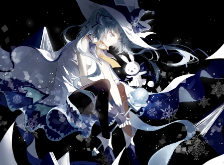 Hatsune Miku - winter, black, snowflake, vocaloid, anime, girl, blue, manga, white, cui, bunny, hatsune miku