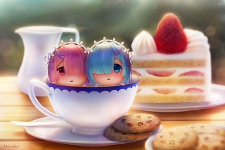 Ram and Rem - cute, sweet, anime, slice, cup, girl, manga, dessert, dej, ram rem, chibi, food, couple, cake