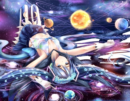 Hatsune Miku - moon, anime, vocaloid, yellow, blue, planet, girl, hatsune miku, manga, purple, nikek96, sky, luna