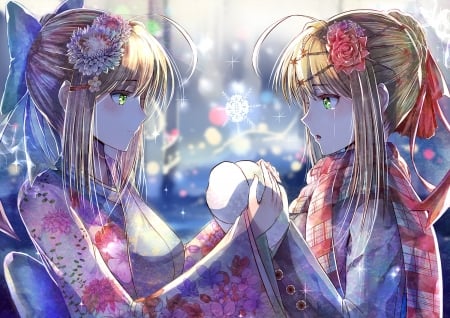 Saber - saber, anime, winter, blue, girl, flower, pink, manga, snowflake, hand, nikek96, couple, fate stay night