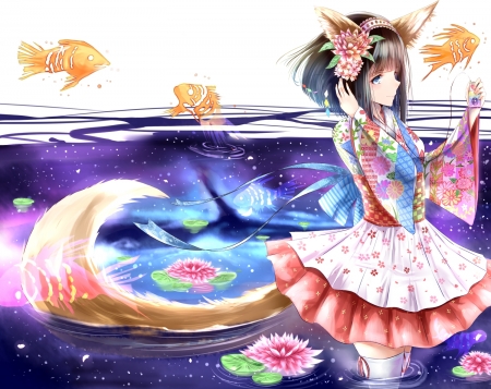 Fox girl - lotus, anime, summer, blue, fox, girl, flower, pink, orange, tail, manga, white, cute, nikek96, fish, vara