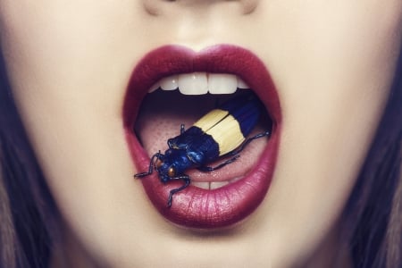 Mouth and bug - red, marc lamey, mouth, bug, lips, yellow, lipstick, woman