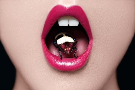 Mouth and bug - mouth, lips, woman, marc lamey, bug, pink, lipstick