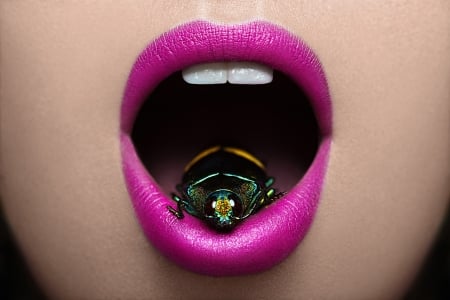 Mouth and bug - mouth, lips, woman, marc lamey, bug, pink, lipstick