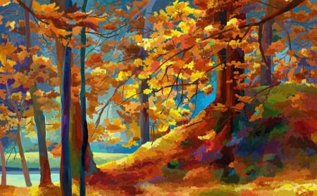 Autumn - red, yellow, blue, art, pictura, leaf, orange, texture, tree, luminos, painting, autumn