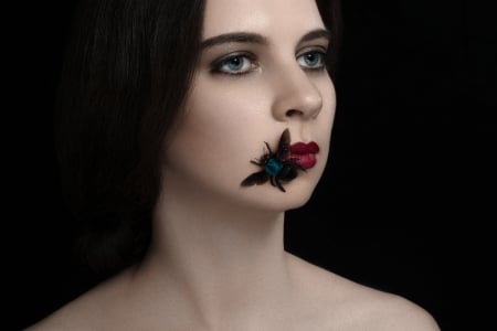 Girl and bondary - face, red, marc lamey, black, model, bug, lipstick, girl, blue, mouth, lips, bondary, woman, green