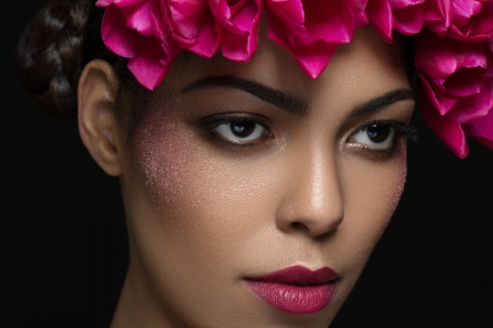 Beauty - black, woman, model, girl, face, marc lamey, flower, pink