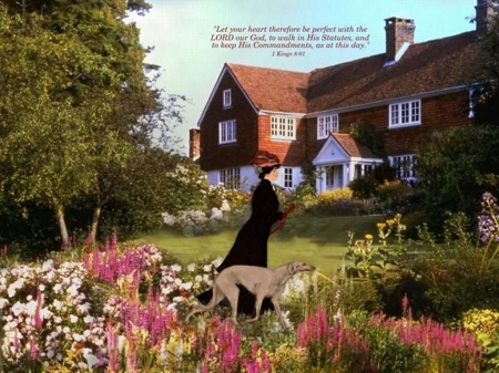 Taking a Walk - woman, trees, dog, flowers, house