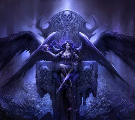 Fantasy of Dream - skull, nice, beauty, realistic, angel, wings, fantasy, pretty, sword, maiden, lady, throne, lovely, cg, hd, wing, beautiful, blue, sweet