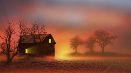 Winter Sunset - winter, fog, house, trees