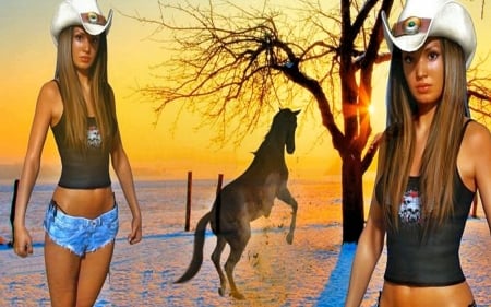 Cowgirl Views.. - fun, female, boots, fashion, hats, brunettes, western, cowgirl, style, art, women, models, 3D, girls, outdoors, horses, painting, ranch, cutoffs