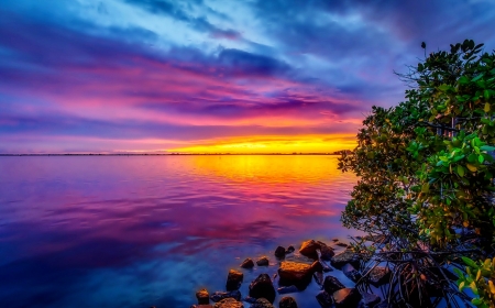 Sea sunset - colorful, sunset, amazing, sea, lake, stones, sky