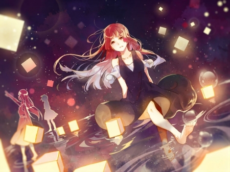 Girl who shines - red hair, glow, anime, dress, girl, sparks