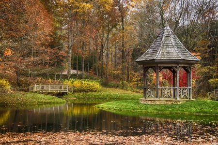 Autumn Park - park, gazebo, pond, trees