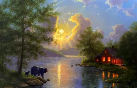 Moonlight of Summer - attractions in dreams, bears, animals, summer, cabins, moons, cottages, nature, lakes, love four seasons, paintings, rivers