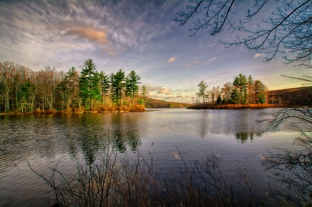 Evening at Lake - sky, trees, reflection, clouds, sunset