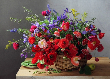 Still Life - basket, poppies, beautiful, red, still life