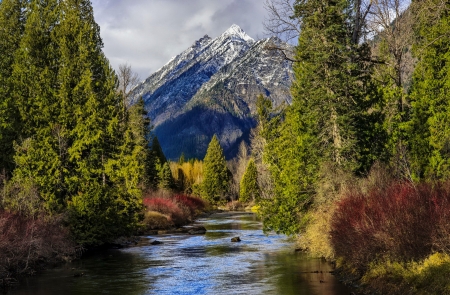 Mountain river - trees, landscape, mountain, peak, rocks, forest, clouds, beautiful, river