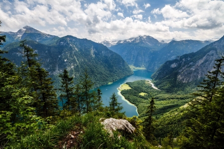 Lake in Germany - sky, lake, trees, landscape, mountain, panorama, view, beautiful, clouds, germany