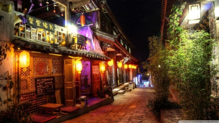 back street in a chinese town at night - street, shops, night, stones, colors, plants, lights