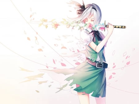 Touhou Project - flowers, touhou, katana, sword, project, Youmu, Konpaku