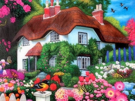 Flower Cottage - attractions in dreams, houses, summer, cottages, love four seasons, beautiful houses, architecture, paintings, flowers, butterfly designs, garden