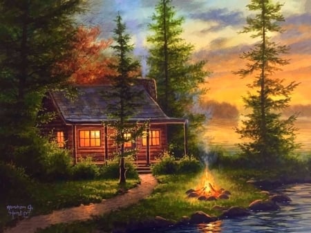 Quiet Hideway - attractions in dreams, autumn, fire, cottages, nature, lakes, weekend, love four seasons, sunsets, paintings, fall season