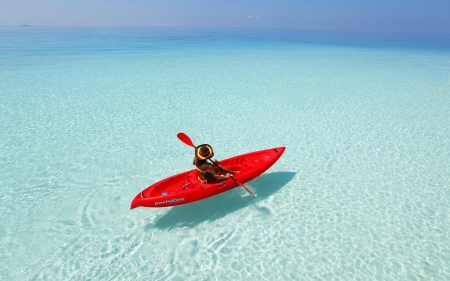 Paddling in Paradise - paddle, oceans, nature, person, blue, woman, boat