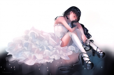 Not ready, yet - shoes, black, marmalade, manga, anime, white, girl