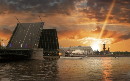 sun ray - cloud, sunset, water, bridge