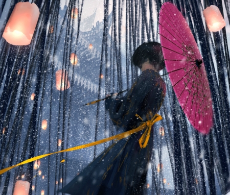 South - woman, girl, light, japanese, black, wlop, fantasy, wind, art, lantern, pink, luminos, umbrella, orange, south