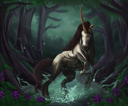 Unicorn - water, forest, flower, horse, river, fantasy, white, purple, green, unicorn, art, luminos